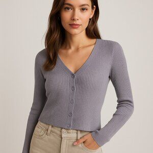 A197-B ✽ Ribbed Button-Front V-Neck Cardigan